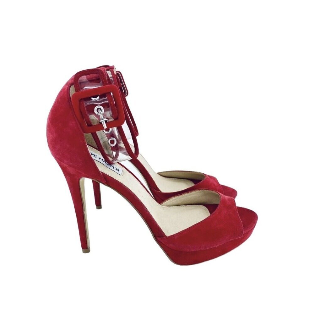 Steve Madden Red Shoes Suede Leather Platform Pump Ankle Strap Sz 9 New - Picture 6 of 12
